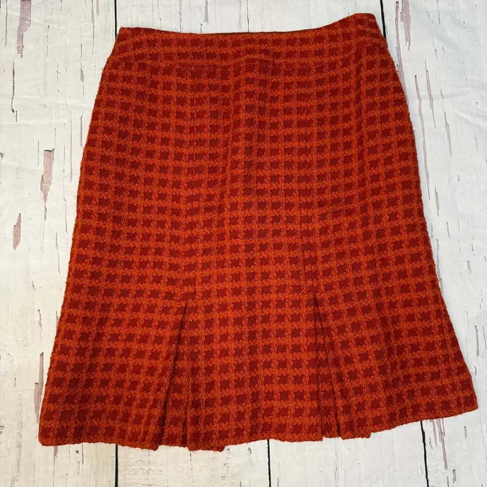 Carlisle‎ Wool Blend Check Burnt Orange Boucle Pleated Skirt